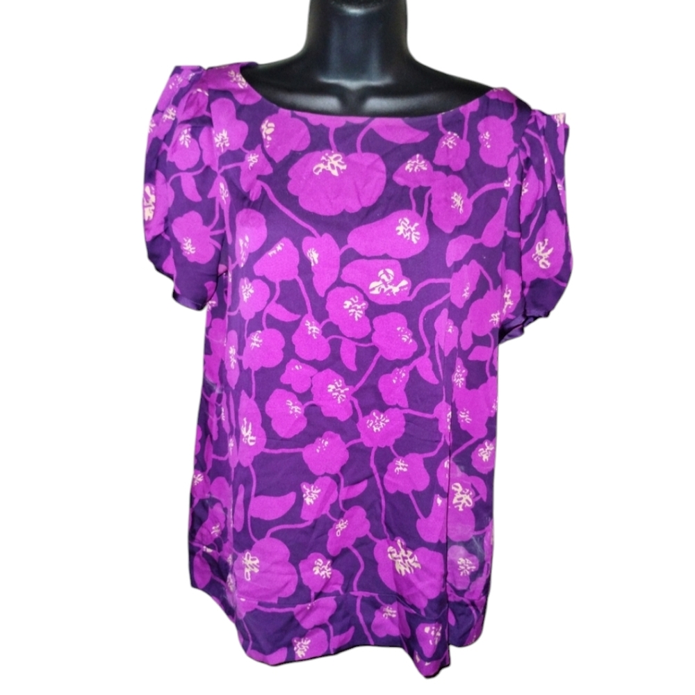 Diane von Furstenberg floral blouse pink and purple pleated short sleeve